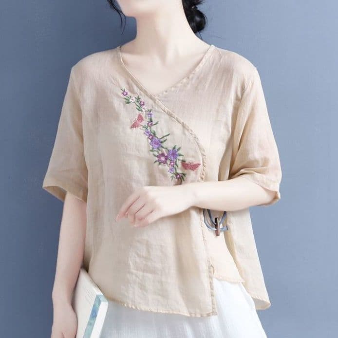 フォーマルカジュアル 花刺繍入り麻混カシュクールブラウス