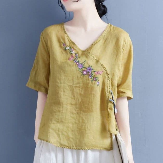 フォーマルカジュアル 花刺繍入り麻混カシュクールブラウス