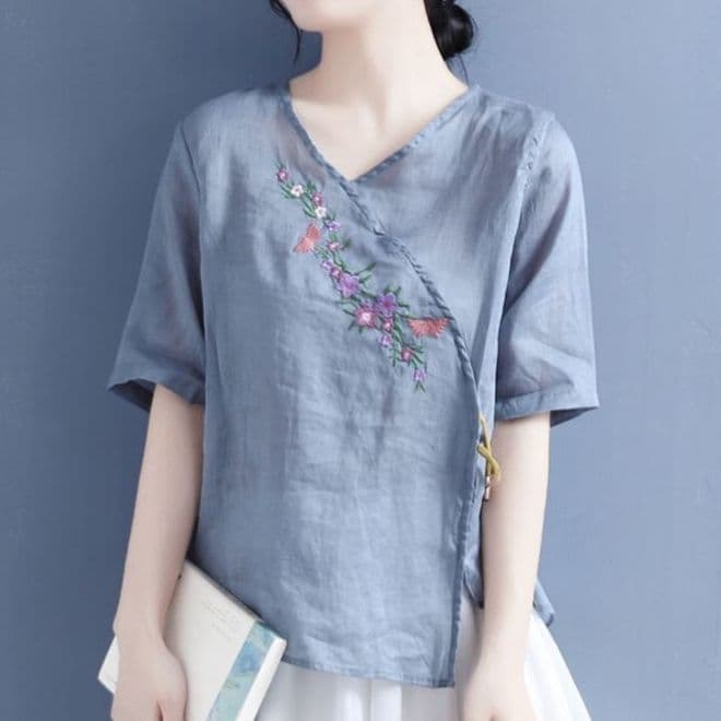 フォーマルカジュアル 花刺繍入り麻混カシュクールブラウス