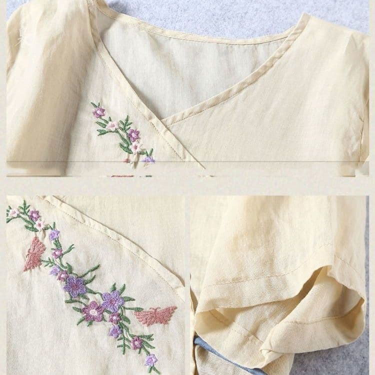 フォーマルカジュアル 花刺繍入り麻混カシュクールブラウス