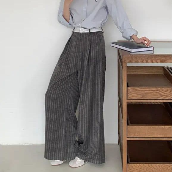 フォーマルカジュアル 上品ストライプ ワイドパンツ