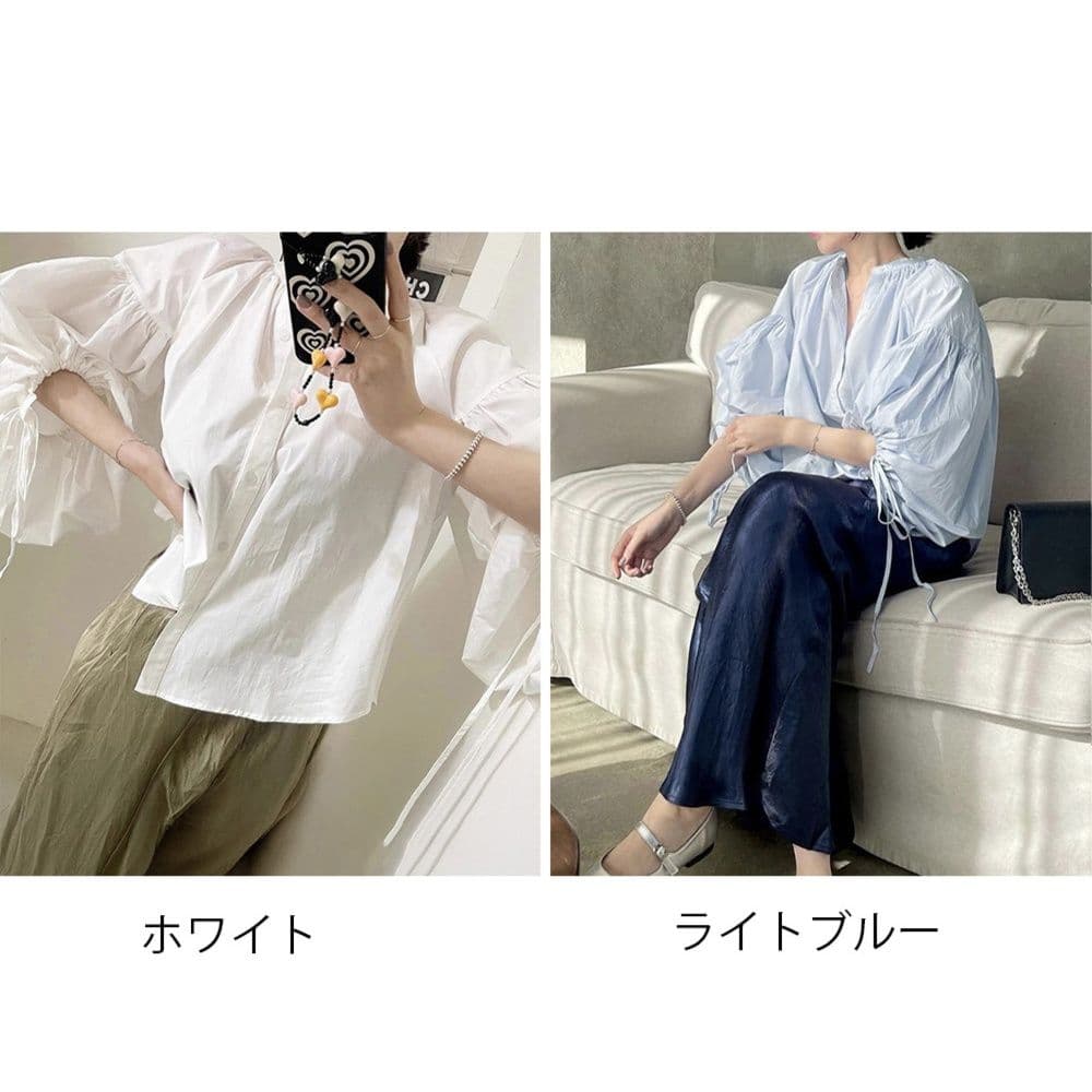 フォーマルカジュアル 通勤用ボリューム袖スキッパーブラウス