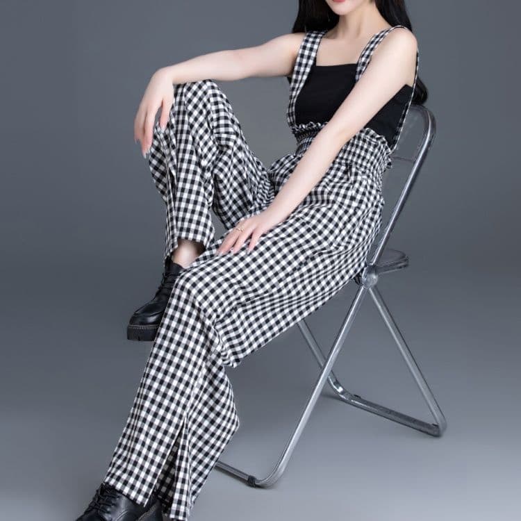 フォーマルカジュアル 格子柄サロペットワイドパンツ