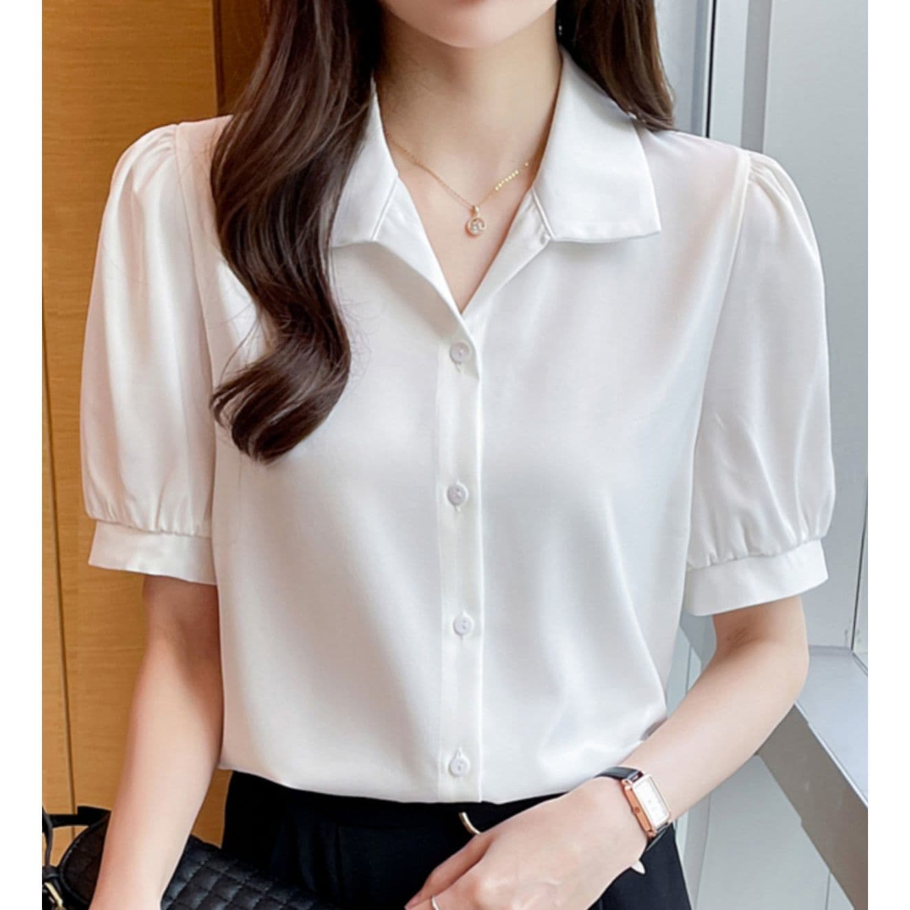 フォーマルカジュアル 優美パフスリーブ襟付きブラウス