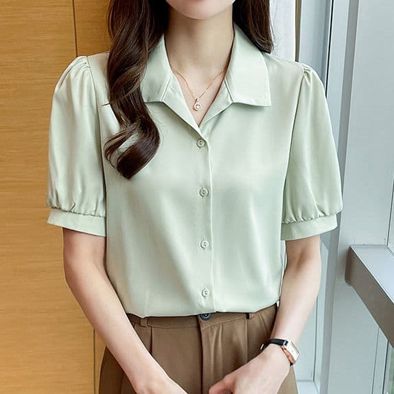 フォーマルカジュアル 優美パフスリーブ襟付きブラウス